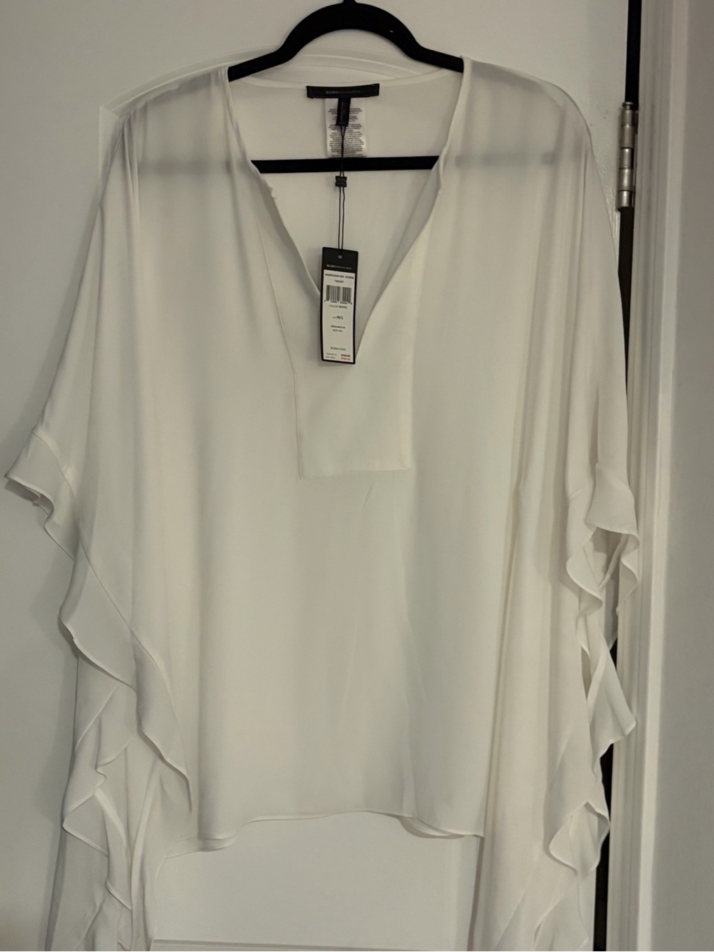 BCBGMaxAzria White Women's V-Neck Flowy Ruffle Sleeve Top NWT